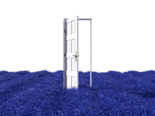 青い草原の中の開いたドアの3Dイラストレーション