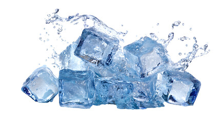 Obraz premium Splashing and falling blue ice cubes on a white background
