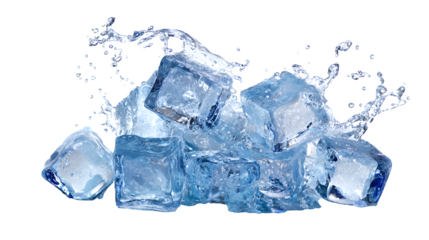 Splashing and falling blue ice cubes on a white background
