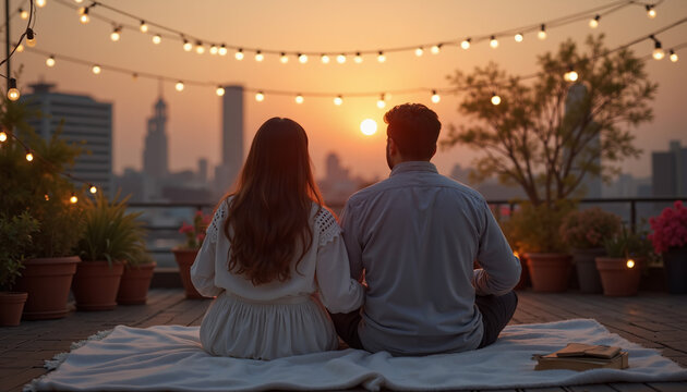 Couple sitting together on rooftop at sunset surrounded by lights