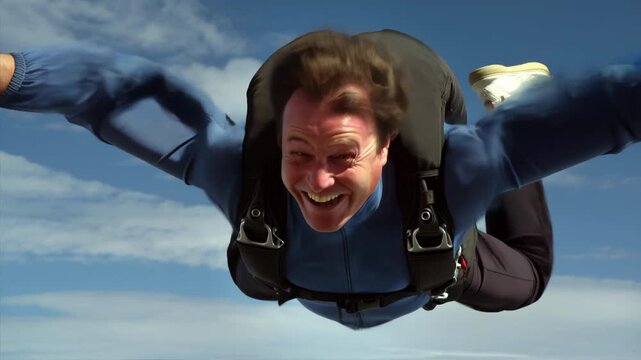 Skydiving, excitement and adventure with man free falling through sky during extreme sport. Outdoor thrill, parachute jump and high altitude experience with adrenaline, freedom and joyful expression