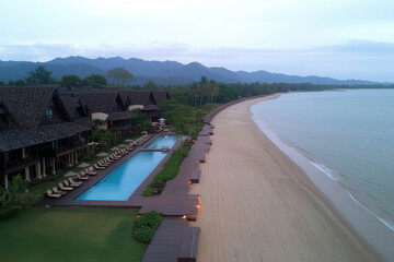 Fototapeta premium Serene Coastal Retreat with Luxurious Poolside Villas Overlooking Tranquil Beach and Mountain Landscape at Dawn