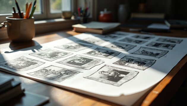 Layout of storyboard sketches for film animation project. Black, white illustrations depict narrative scenes, character development, visual storytelling. Includes art tools, pencils, notebooks on