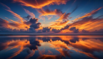 The sunset paints the sky with vivid colors, mirrored in the tranquil water below, offering a breathtaking view.
