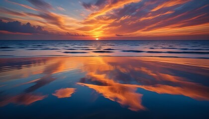 The sun dips below the horizon, creating a fiery sunset over the ocean.