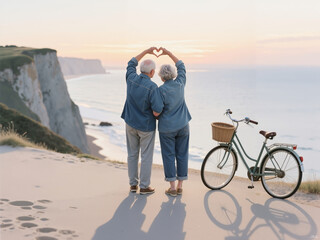 Elderly couple making heart shape with hands at sunset by the ocean