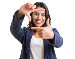 Happy Woman Making Camera Frame with Hands and Winking, isolated on transparent background PNG