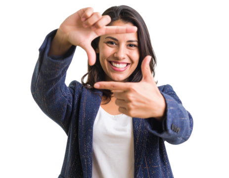 Happy Woman Making Camera Frame with Hands and Winking, isolated on transparent background PNG