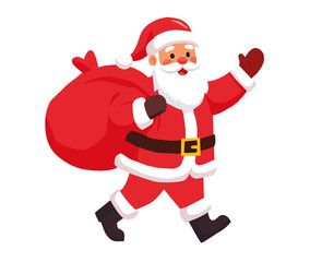 Santa Claus walking with a big gift bag in snow