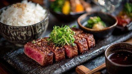 Grilled beef slices with rice and asian garnishes