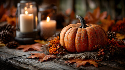 An orange pumpkin is displayed on a wooden table surrounded by vibrant autumn leaves, creating a festive birthday environment.