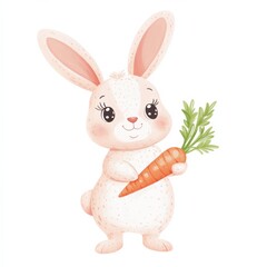 Obraz premium A cute, cartoon-style bunny holding a carrot, characterized by soft colors and a friendly expression, perfect for children's illustrations.