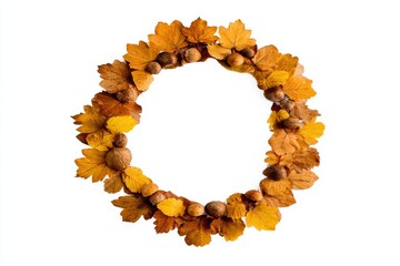 Obraz premium A circular arrangement of autumn leaves and acorns, showcasing warm hues of orange and yellow, perfect for seasonal decor.