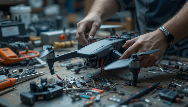 Technician working on repairing a drone in a workshop, surrounded by various tools and spare parts, capturing the process of maintenance and technical service - Powered by Adobe