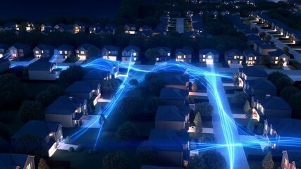 Smart neighborhood at night with glowing fiber optic internet lines, digital data flow and network connectivity between modern suburban homes - Powered by Adobe