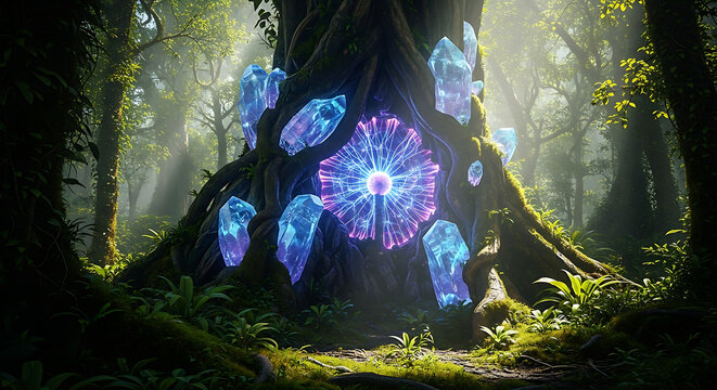 Mystical glowing crystals embedded in an ancient jungle tree, radiating ethereal light.