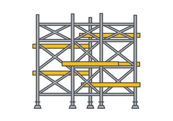 Fototapeta premium Modern industrial scaffolding structure with yellow planks, representing construction and building safety, isolated on white.