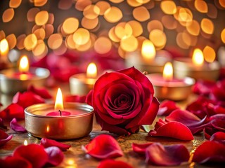 Romantic red rose surrounded by candles and petals creating a warm and loving atmosphere