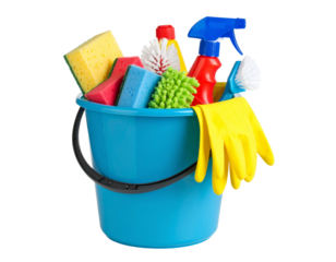 House Cleaning Supplies and Equipment in Plastic Bucket, isolated on a transparent background