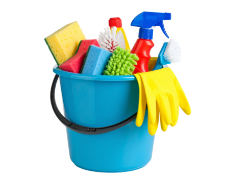 House Cleaning Supplies and Equipment in Plastic Bucket, isolated on a transparent background
