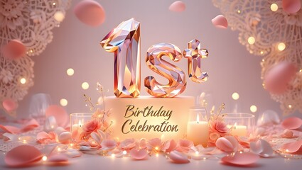 Naklejka premium A beautiful first birthday celebration with crystal numbers, candles, and pink floral decorations creating a sweet and romantic atmosphere