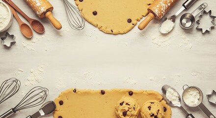 Baking utensils and cookie dough along bottom border