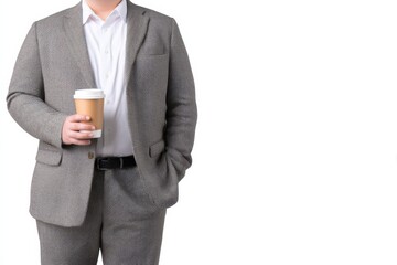 A professionally dressed man holds a coffee cup, showcasing a blend of casual and formal styles.