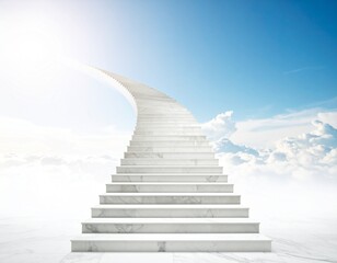 A luminous white marble staircase ascends gracefully into a vast, ethereal sky filled with soft clouds and bright sunlight, suggesting a path towards the hea...