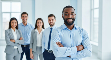 A smiling black businessman with arms crossed leads his diverse team in a bright modern office. Perfect for representing inclusive leadership and teamwork