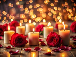 Romantic ambiance with glowing candles and red roses creating a warm and festive atmosphere