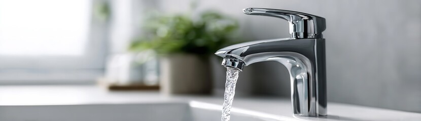 Clear Water Flowing from Modern Metal Faucet in Bathroom Sink with Blurred Greenery in Background, Close-Up for Fresh and Luxurious Home Interior