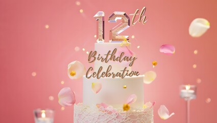A delightful threetiered cake adorned with a 12th birthday celebration topper, surrounded by delicate rose petals and soft bokeh lights on a pink background