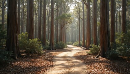 Pathway through tall eucalyptus forest. Sunlight filters through rich green canopy onto dirt trail lined with fallen leaves. Invigorating scene of Australian nature, perfect for outdoor, adventure,