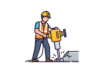 A construction worker operates a jackhammer to break concrete in a vector illustration, showcasing manual labor and infrastructure projects on a white background.
