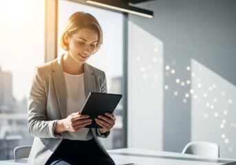 A businesswoman uses a tablet in a sunlit modern office, showcasing professional focus and digital efficiency. Perfect for tech and business concepts