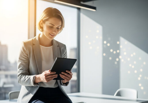 A businesswoman uses a tablet in a sunlit modern office, showcasing professional focus and digital efficiency. Perfect for tech and business concepts