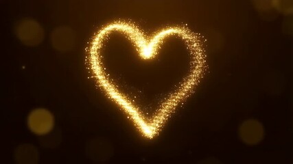 Sparkling golden heart animation with glowing particles and shimmering effect on dark background for romantic celebration or festive greeting visuals - Powered by Adobe