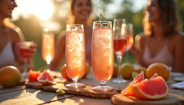 Elegant glasses of refreshing rose wine served outdoors with fresh citrus fruits during summer party. Friends enjoy drinks in warm sunlight atmosphere. Celebration, happiness, fun, refreshment, - Powered by Adobe