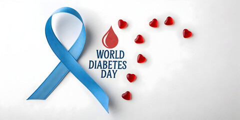 Blue awareness ribbon and red hearts with text World Diabetes Day on white background image
