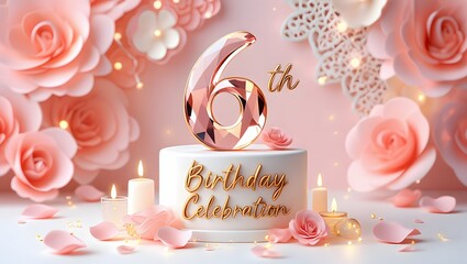 Charming 16th birthday celebration with rose gold numbers, candles, and pink roses on a soft pink background for a sweet sixteen party