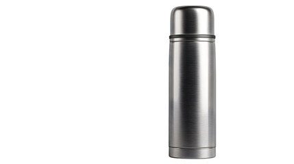 Stainless steel thermos bottle on white background