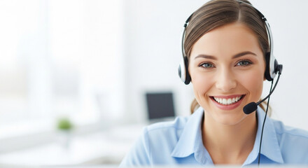 Portrait of a friendly call center operator with a headset, smiling warmly to represent approachable customer support. Perfect for contact service banners