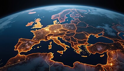 Glowing Earth from space at night shows vibrant city lights illuminating continents. Urban development, global connectivity are visible with bright light networks spanning across Europe, North Africa.