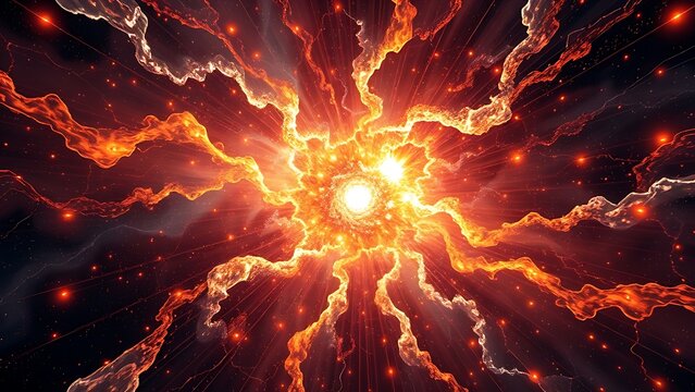 Cosmic explosion forms fractal patterns rewriting into new equations, embodying theoretical physics.