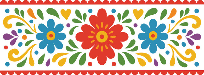 Colorful floral folk art border with red and blue stylized flowers, green leaves, yellow hearts, and swirling decorative elements, arranged symmetrically in a festive and vibrant pattern.  © Youfec
