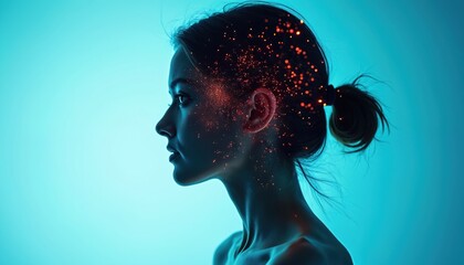Profile of woman with glowing particles in hair, on face, against vibrant blue background. Suggests themes of digital transformation, innovation, AI. Conceptual art piece representing futuristic