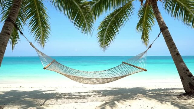 Hammock strung between two palm trees overlooking turquoise ocean  sandy beach