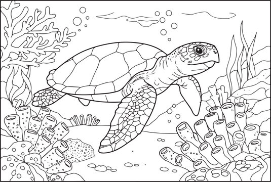 Sea turtle swimming in the ocean, coloring book page of marine l