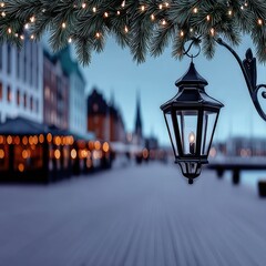 Charming Festive Street Lamp Adorned with Garland at Dusk