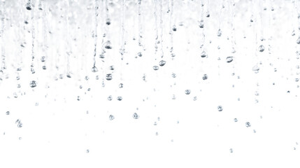 White falling rainfall water droplets on white background